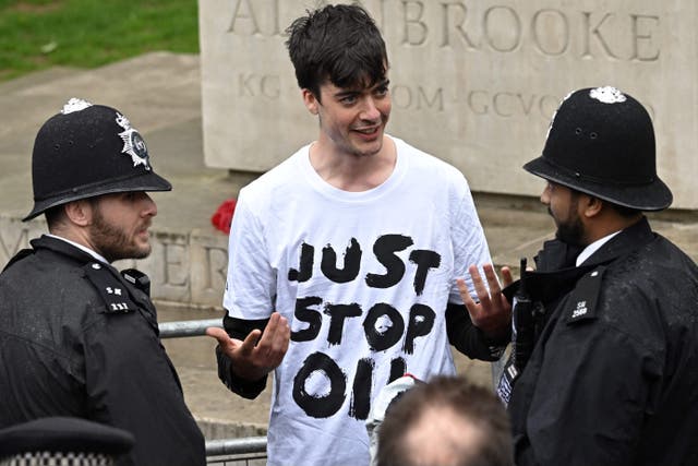 <p>A protester from climate protest group ‘Just Stop Oil’ is apprehended in Whitehall ahead of the coronation</p>