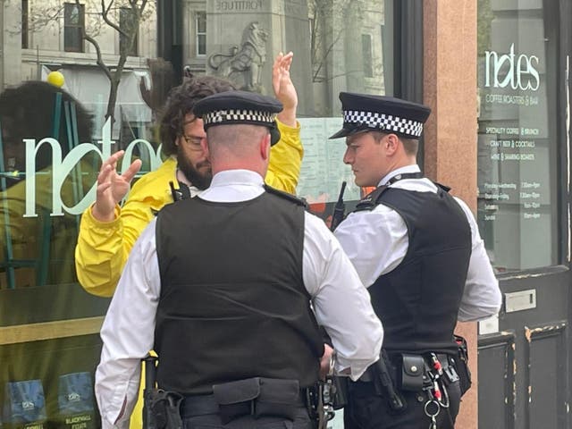 <p>A protester supporting the Republic campaign group being arrested near Trafalgar Square before the coronation on 6 May</p>