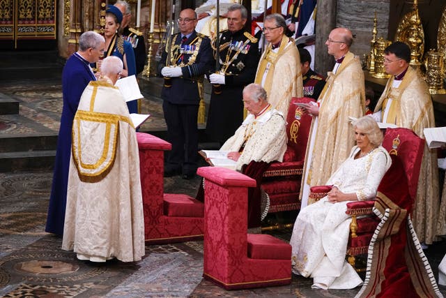 King Charles III and Queen Camilla during their coronation ceremony in Westminster Abbey (Yui Mok/PA)