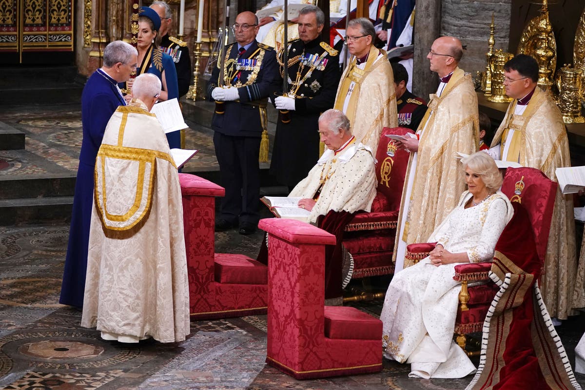 Camilla’s Bruce Oldfield coronation gown decorated with wildflowers and bunting