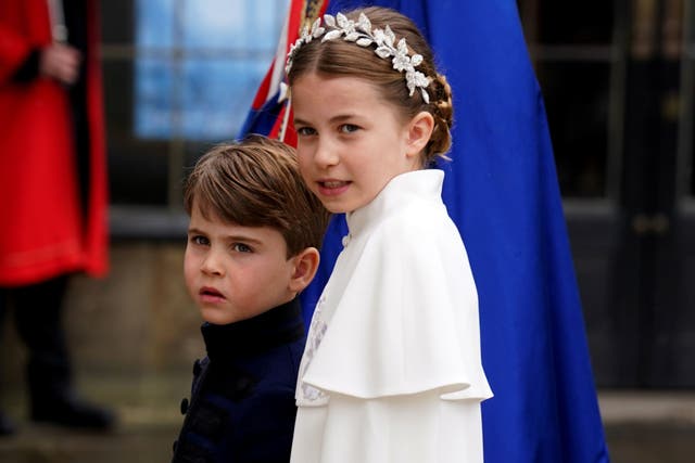 <p>Princess Charlotte and Prince Louis arriving at Westminster Abbey, central London, ahead of the coronation ceremony of King Charles III and Queen Camilla</p>