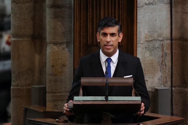 Prime minister Rishi Sunak speaks during the coronation of King Charles III and Queen Camilla at Westminster Abbey (Phil Noble/PA)