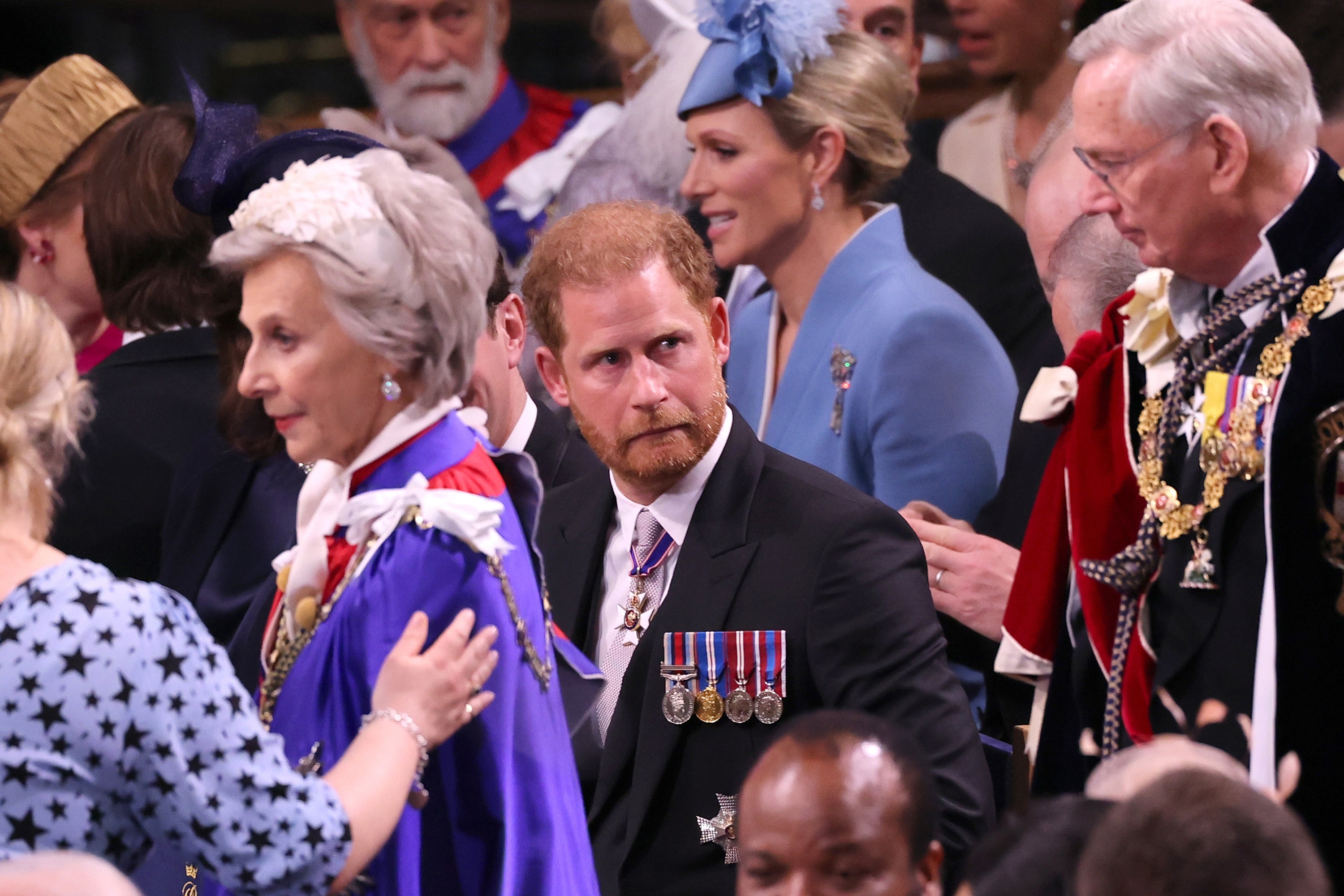 Prince Harry looked startled at one point during the coronation ceremony