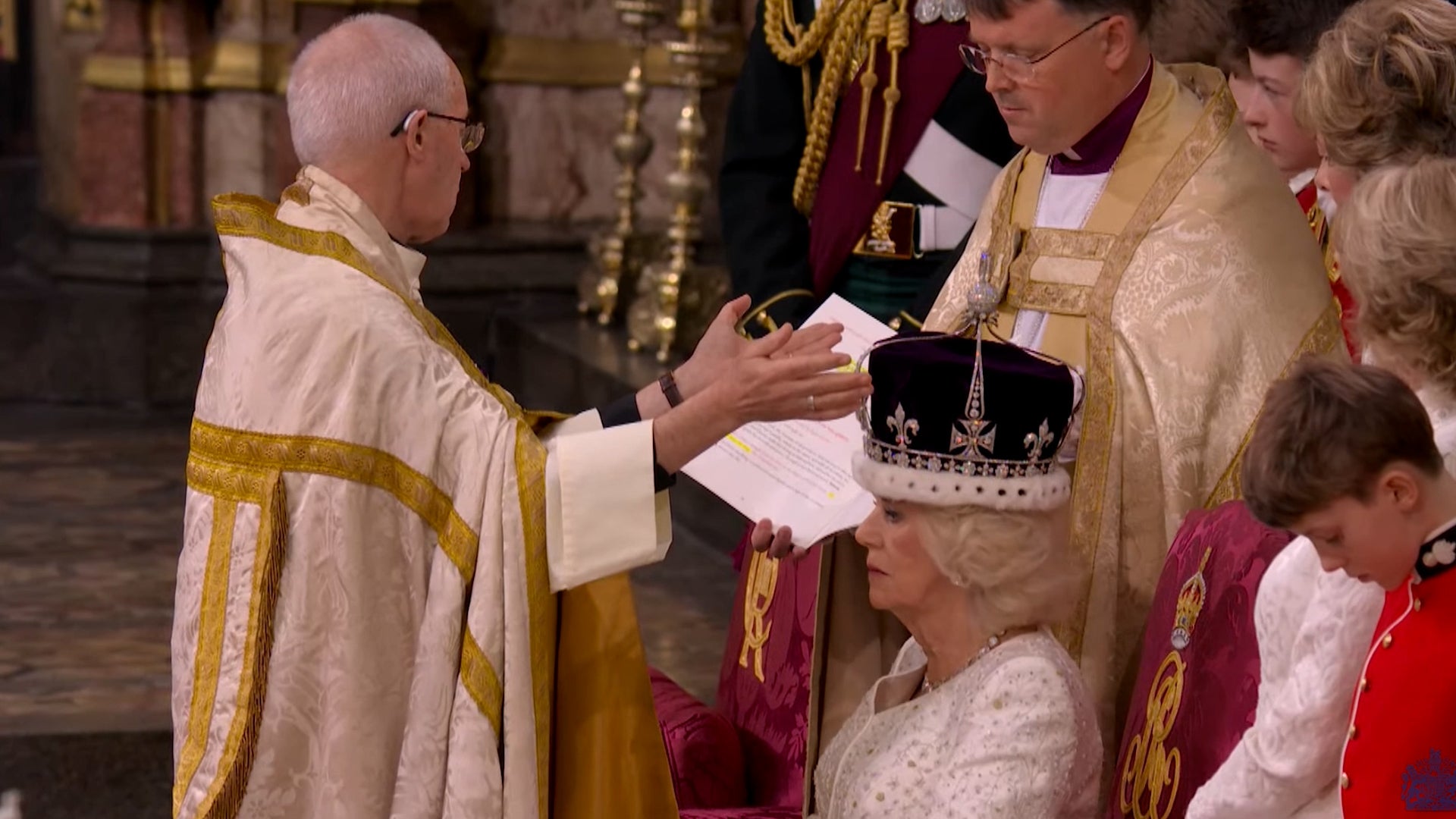 <p>Moment Queen Camilla is crowned during coronation</p>