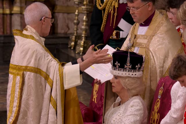 <p>Moment Queen Camilla is crowned during coronation</p>