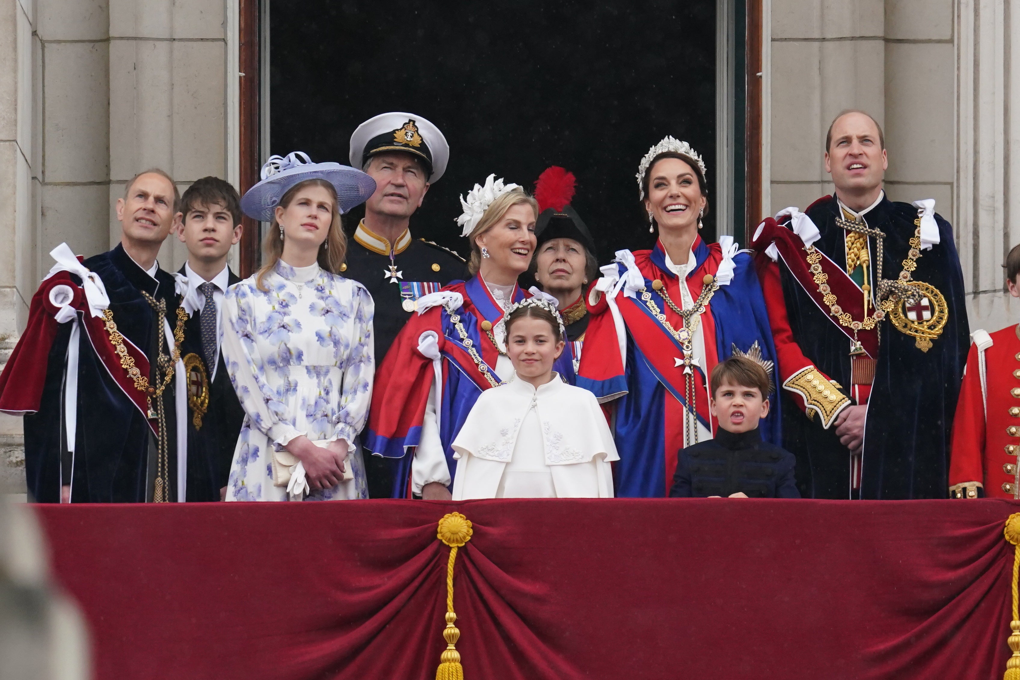 (Left to right) the Duke of Edinburgh, Earl of Wessex, Lady Louise Windsor, Vice Admiral Sir Tim Laurence, Duchess of Edinburgh, Princess Royal, Princess Charlotte, Princess of Wales, Prince Louis and Prince of Wales on the balcony of Buckingham Palace during the flypast