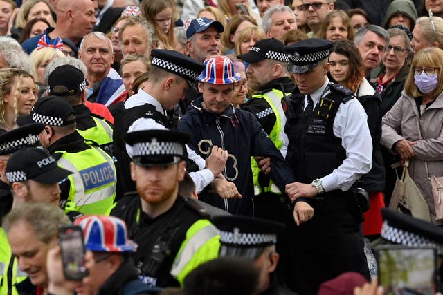 <p>Protesters from ‘Just Stop Oil’ are arrested near Westminster Abbey before the coronation </p>
