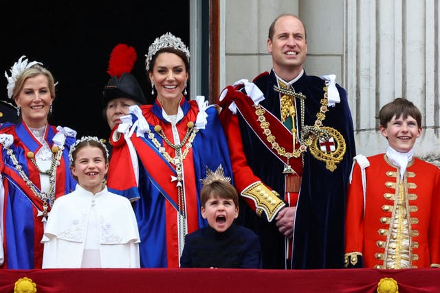 <p>ophie, Duchess of Edinburgh, Anne, Princess Royal, Prince William, Catherine, Princess of Wales, and their children Princess Charlotte and Prince Louis watch the fly past</p>