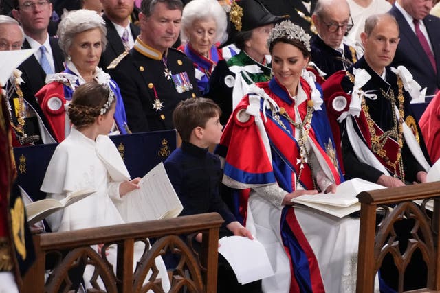 Princess Charlotte, Prince Louis and the Princess of Wales at the King’s coronation ceremony (PA)