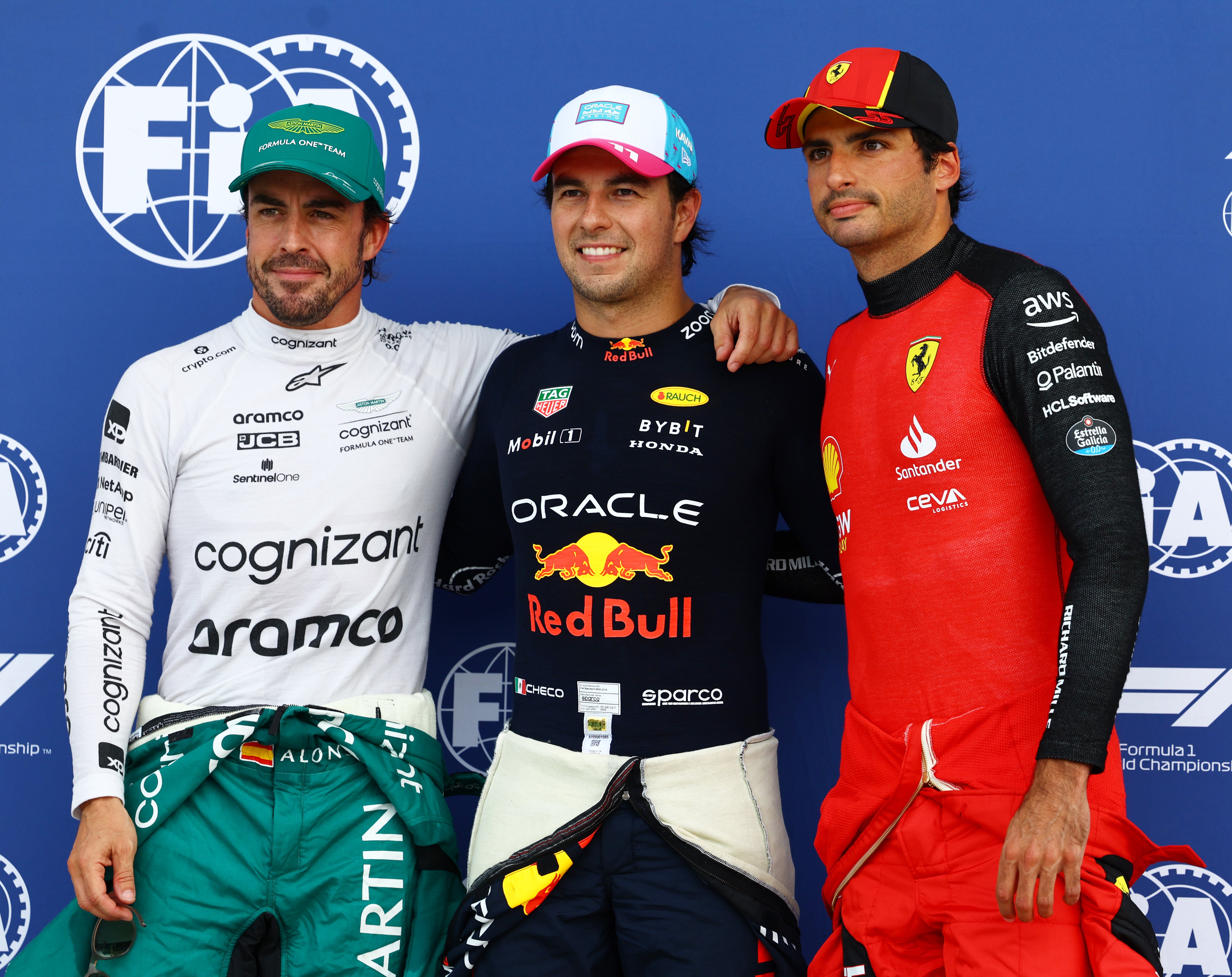 Sergio Perez is on pole, with Fernando Alonso second and Carlos Sainz third
