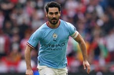 Ilkay Gundogan holds his hands up after penalty miss in City’s win over Leeds