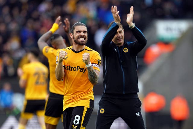 Ruben Neves celebrates after Wolves’ win over Aston Villa (Nick Potts/PA)