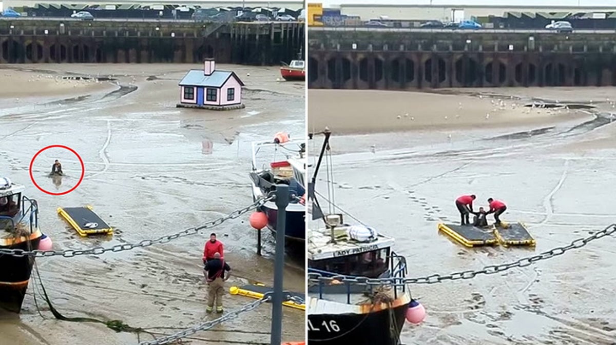 Moment sinking man rescued from ‘waist-high’ mud in Folkestone Harbour