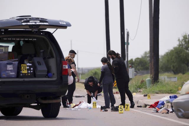 <p>Police on the scene of the deadly collision outside a migrant shelter in Brownsville, Texas </p>