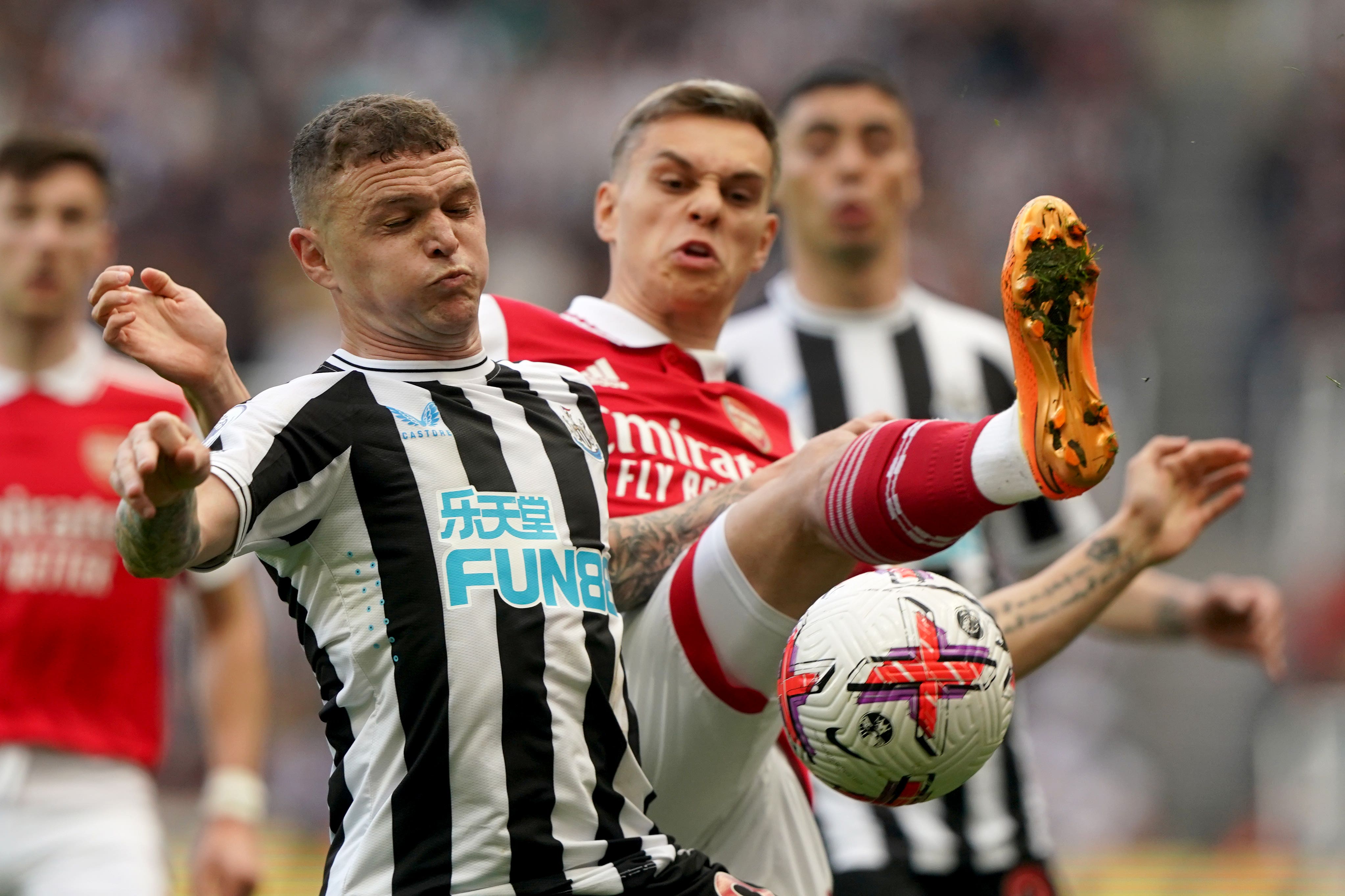 Newcastle United’s Kieran Trippier (left) and Arsenal’s Leandro Trossard battle for the ball during the Premier League match at St. James’ Park (Owen Humphreys/PA)