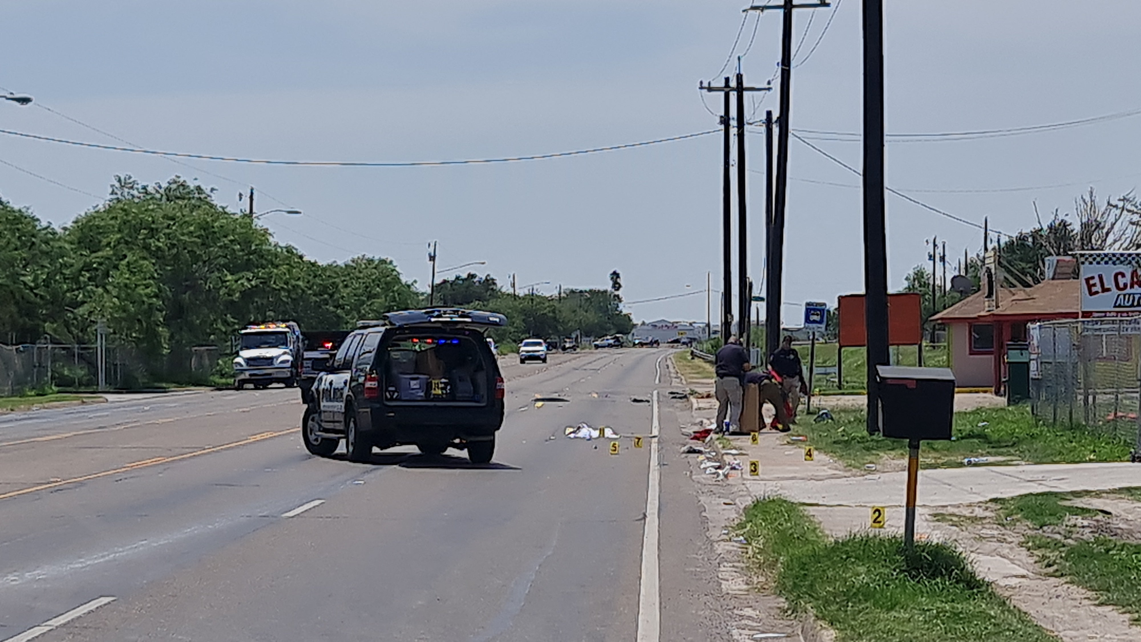 pPolice work at the scene after a driver crashed into several people in Brownsville, Texas, on 7 May 2023/p