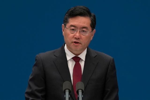 <p>FILE - Chinese Foreign Minister Qin Gang speaks during an event </p>