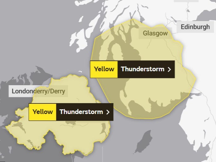 Monday’s yellow warnings cover Northern Ireland and large parts of western Scotland