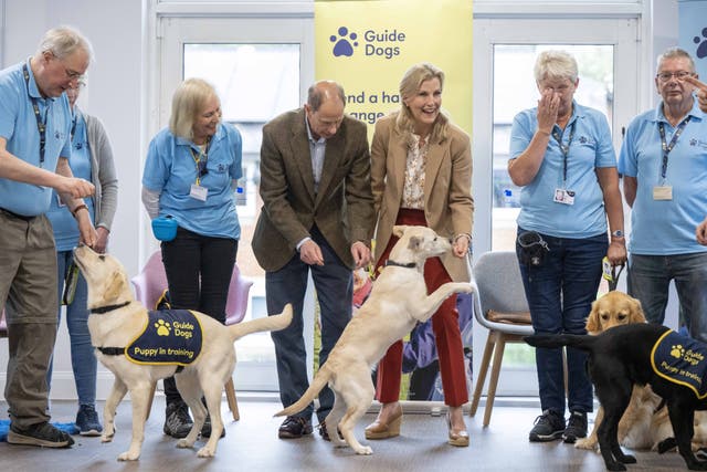 The Duke of Edinburgh and Duchess of Edinburgh, along with a four-month-old puppy named Lucy, take part in a puppy class at the Guide Dogs for the Blind Association Training Centre in Reading. Picture date: Monday May 8, 2023.
