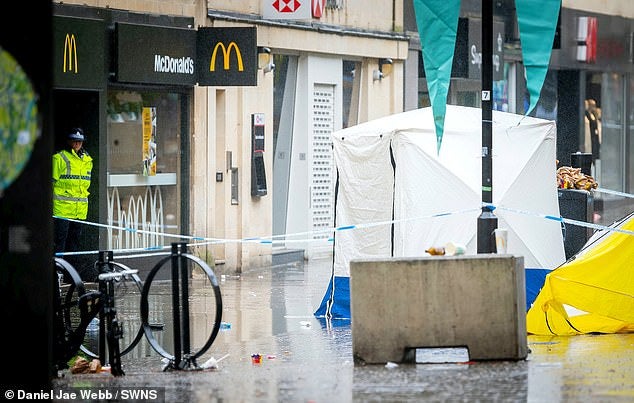 The scene outside McDonald’s in Bath city centre after Ben Moncrieff was stabbed