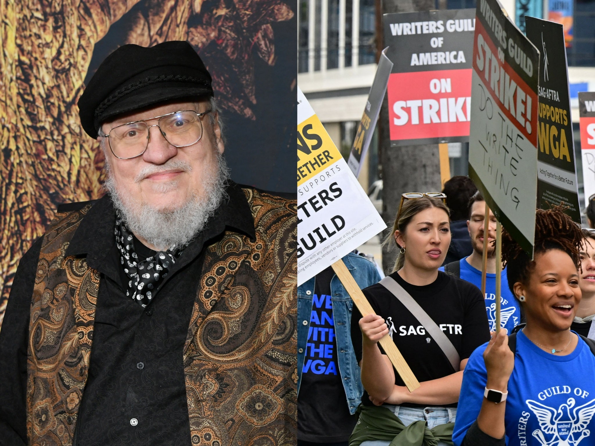George RR Martin and strikers at the WGA picket line
