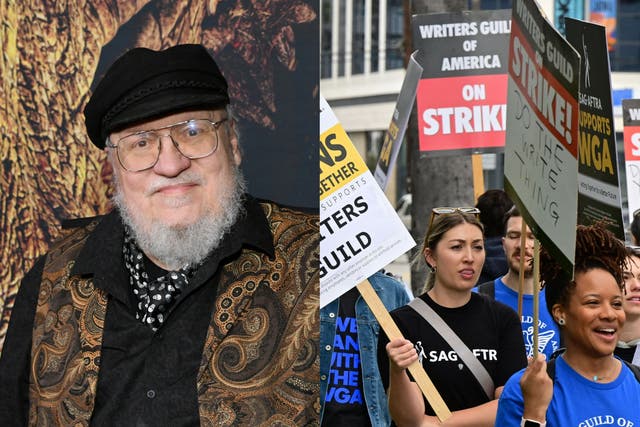 <p>George RR Martin and people at the WGA strike picket line</p>