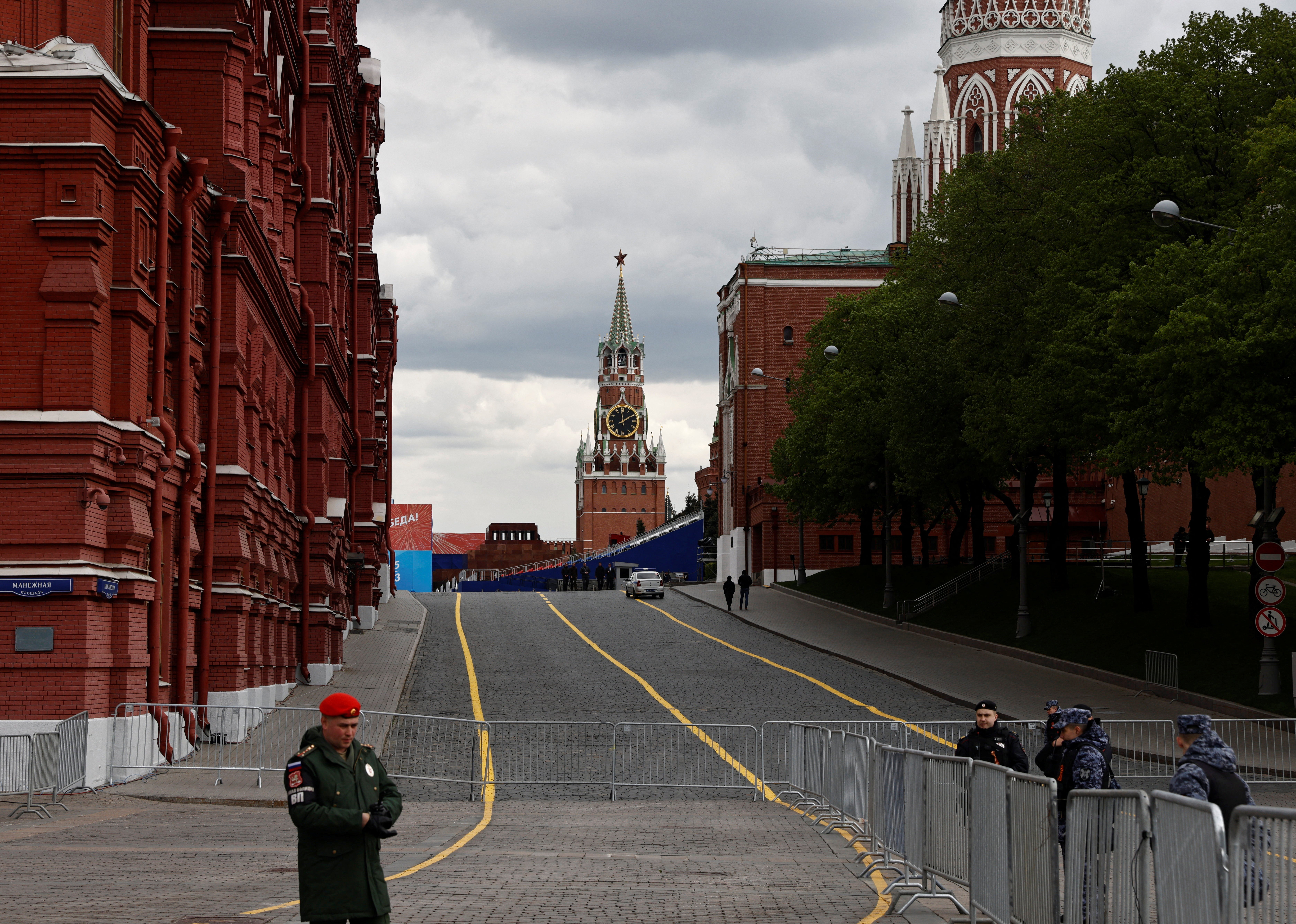 A closed Red Square in Moscow on the eve of Victory Day in Russia on Tuesday