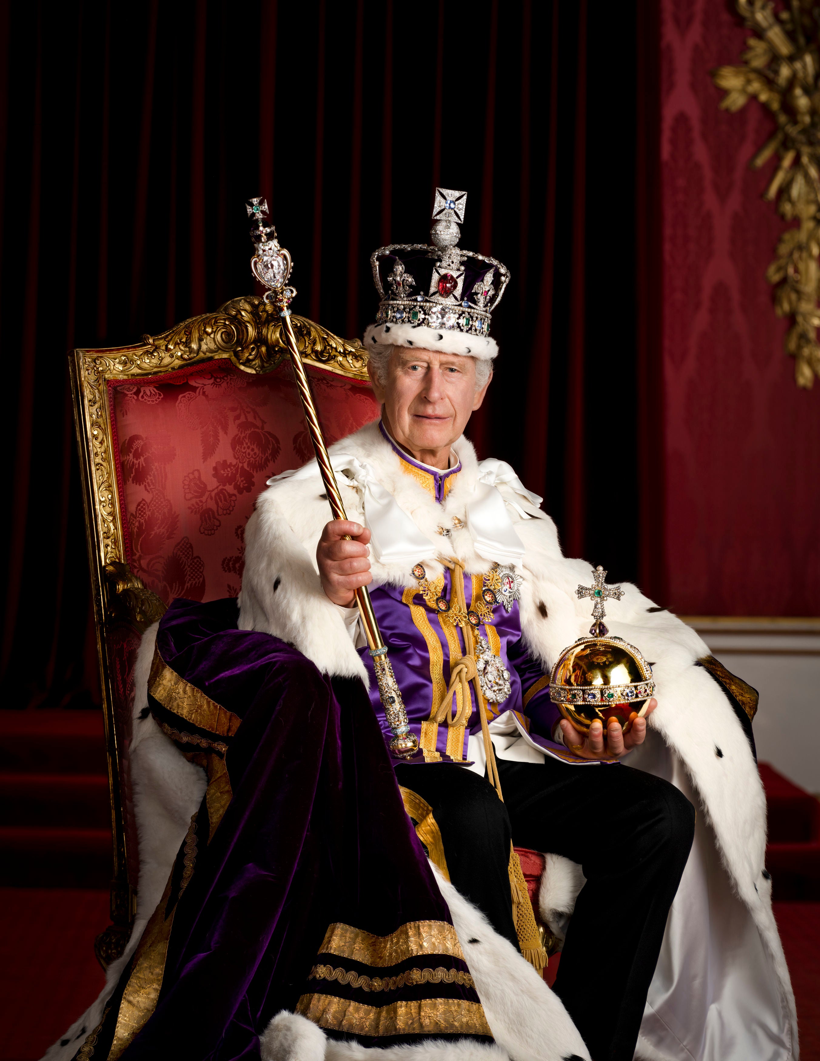 King Charles III in full regalia in the Throne Room at Buckingham Palace
