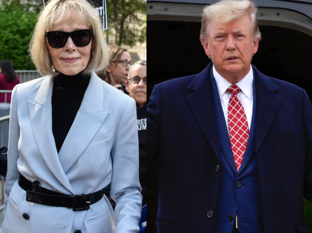 Left: E Jean Carroll leaves Manhattan federal court on 8 May 2023 in New York City – Right: Donald Trump disembarks his plane on 1 May 2023 in Aberdeen, Scotland
