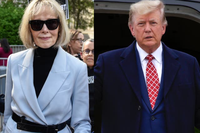 <p>Left: E Jean Carroll leaves Manhattan federal court on 8 May 2023 in New York City – Right: Donald Trump disembarks his plane on 1 May 2023 in Aberdeen, Scotland</p>