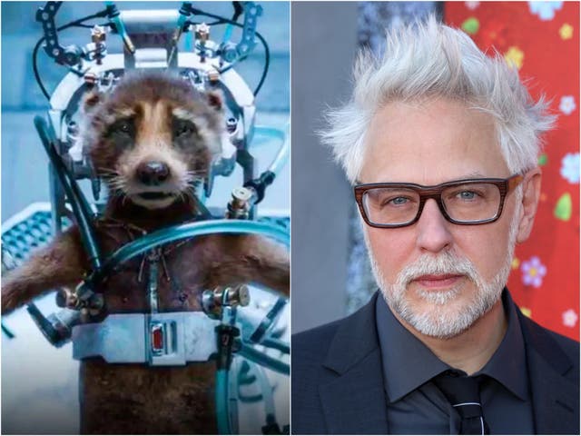 <p>Rocket in ‘Guardians of the Galaxy Vol 3’ and James Gunn</p>