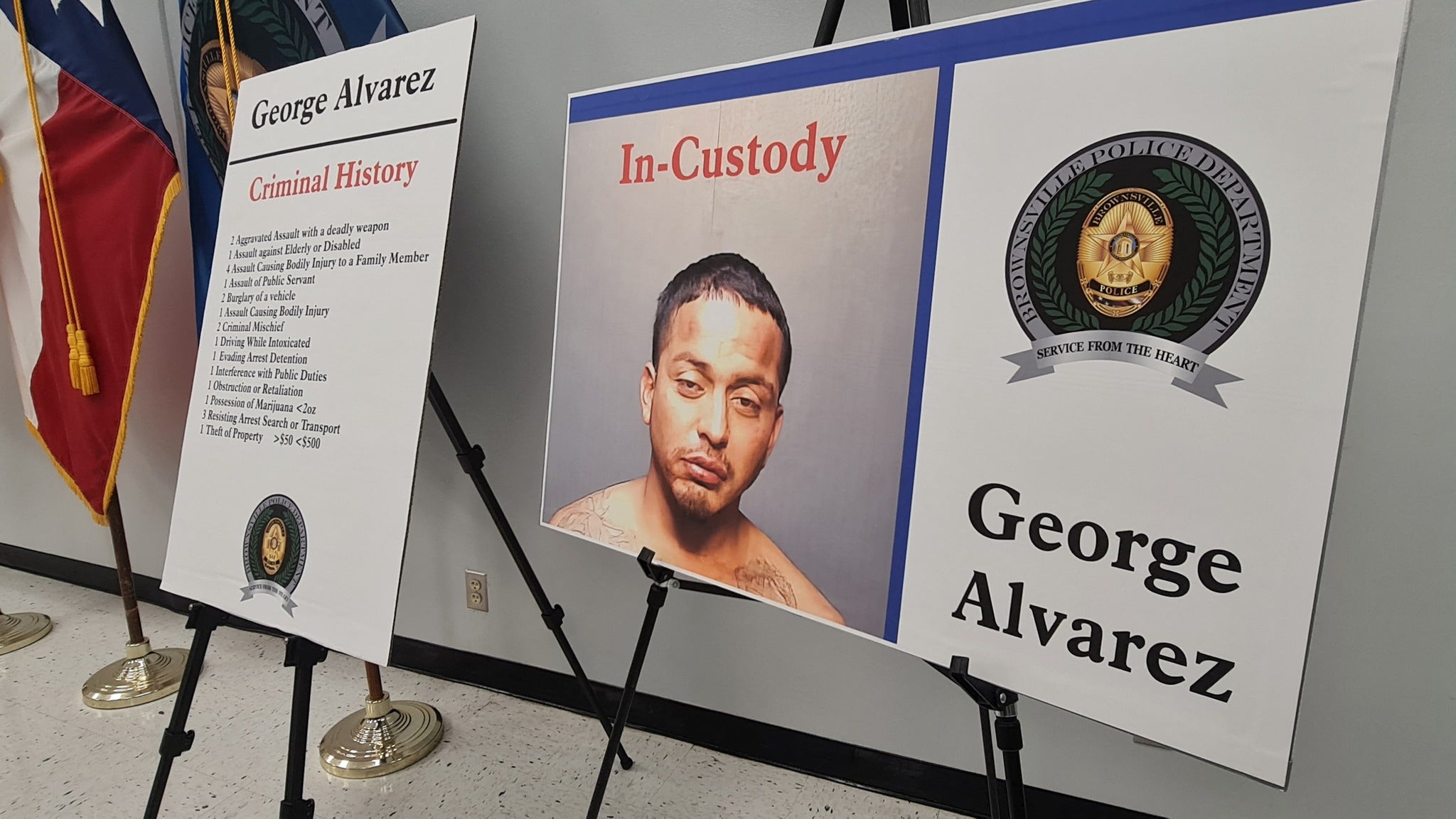 pThe picture of 34-year-old George Alvarez, the driver, that killed eight people and injured at least 10 when he plowed into the crowd early Sunday, is displayed by the Brownsville Police Department at a news conference in Brownsville, Texas, on 8 May 2023/p