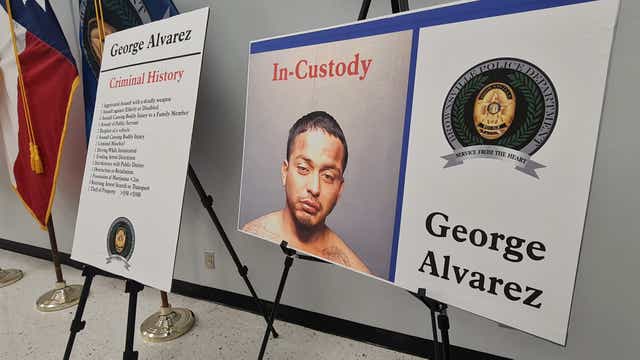 <p>The picture of 34-year-old George Alvarez, the driver, that killed eight people and injured at least 10 when he plowed into the crowd early Sunday, is displayed by the Brownsville Police Department at a news conference in Brownsville, Texas, on 8 May 2023</p>
