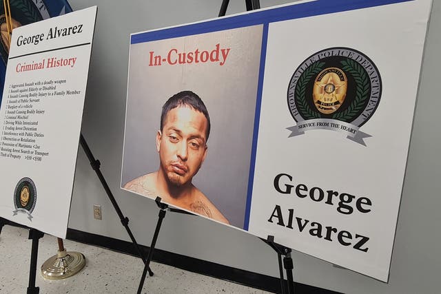 <p>The picture of 34-year-old George Alvarez, the driver, that killed eight people and injured at least 10 when he plowed into the crowd early Sunday, is displayed by the Brownsville Police Department at a news conference in Brownsville, Texas, on 8 May 2023</p>