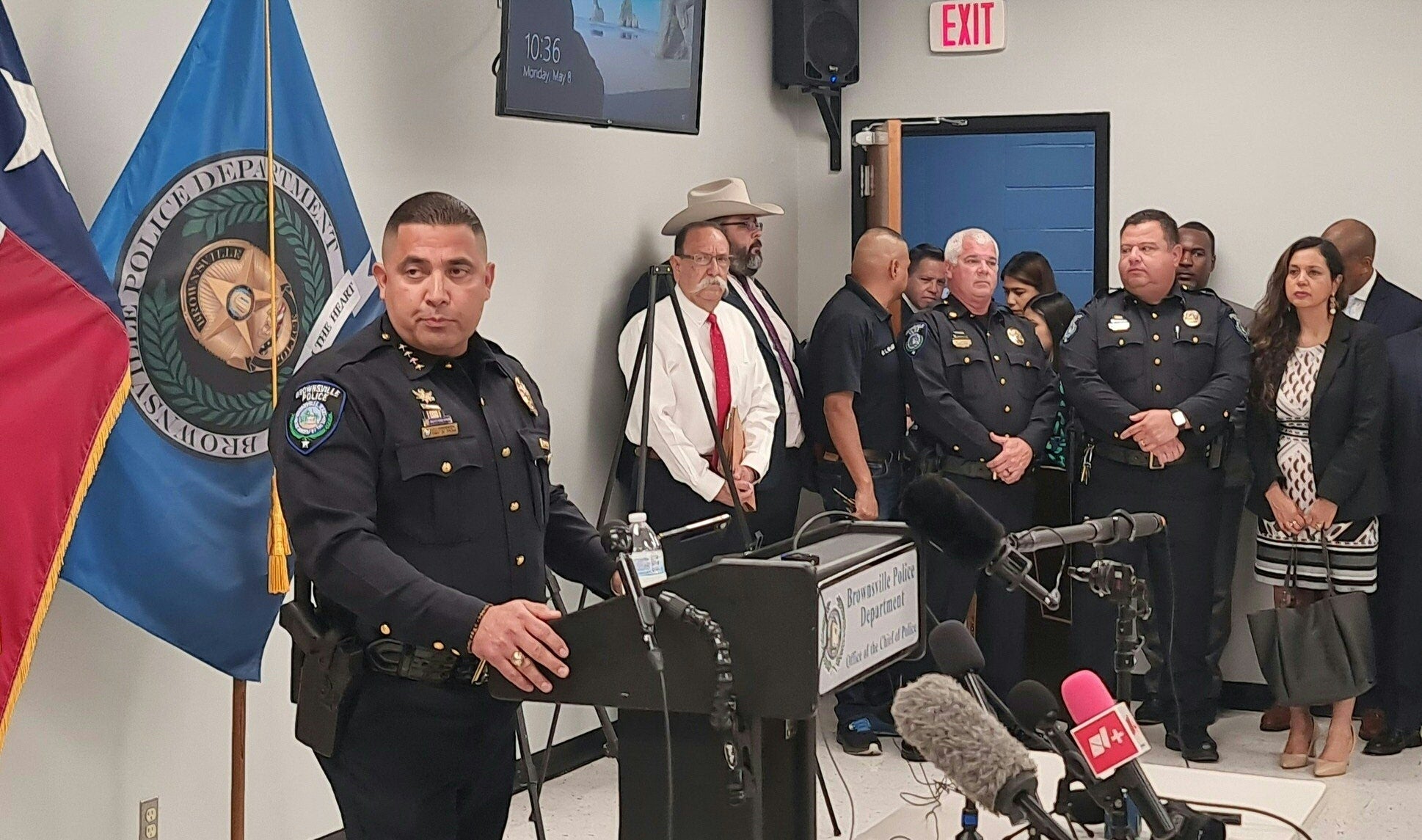 pBrownsville Police Department Chief Felix Sauceda announces manslaughter charges against George Alvarez, a local resident who allegedly plowed his SUV into a crowd killing eight men, during a news conference in Brownsville, Texas, on 8 May 2023/p