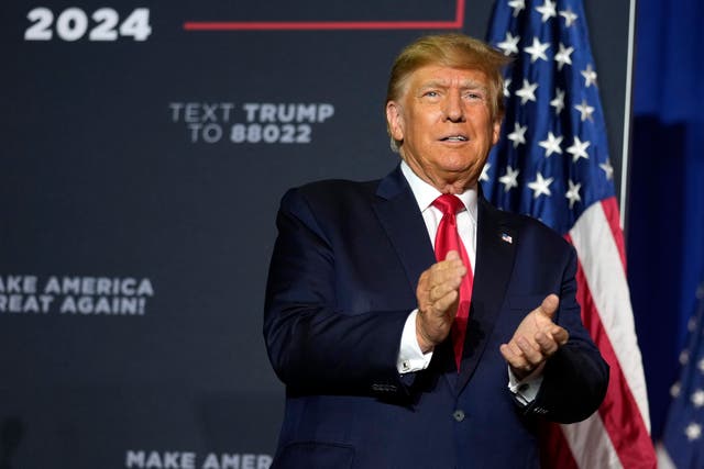 <p>Former President Donald Trump arrives at a campaign rally on 27 April 2023, in Manchester, New Hampshire </p>