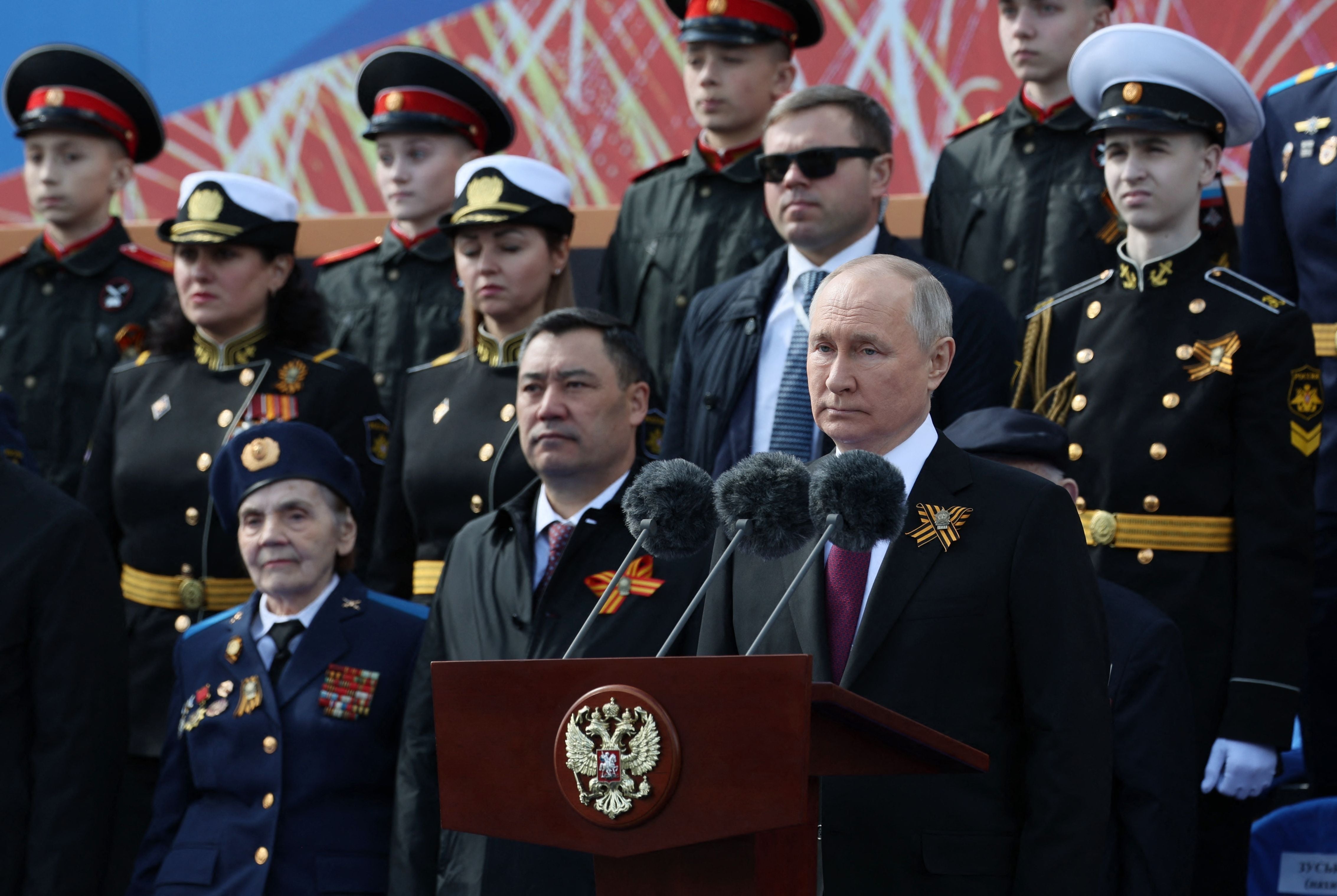 Russian president Vladimir Putin giving a speech during the Victory Day military parade at Red Square in central Moscow