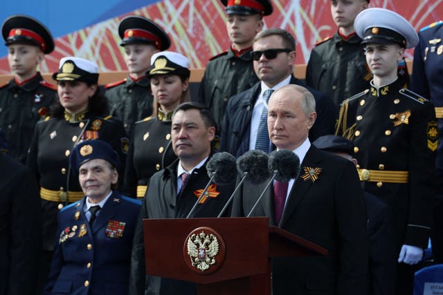 <p>Russian president Vladimir Putin gives a speech during the Victory Day military parade on Red Square</p>