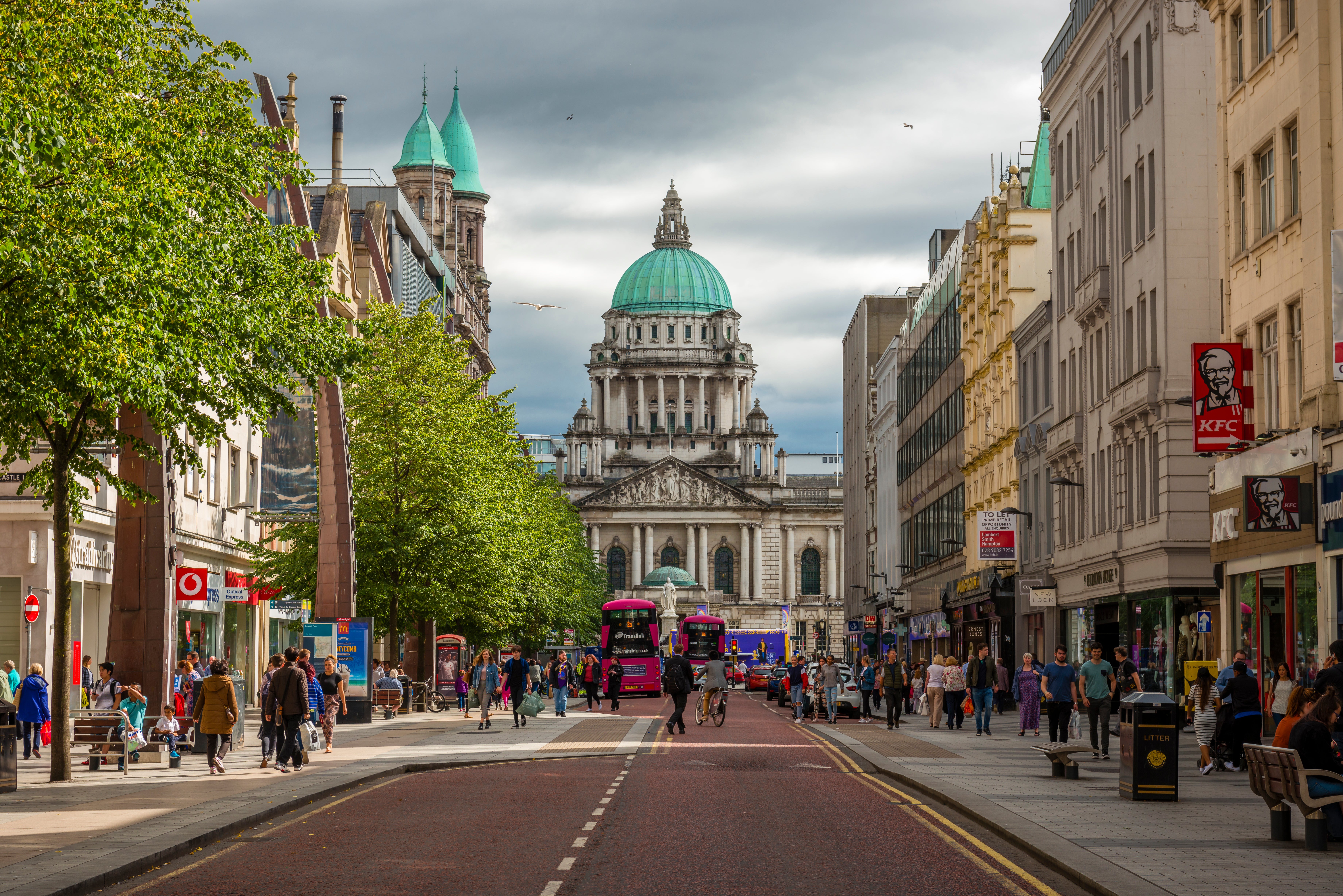 City Hall looks over the streets of Belfast, Northern Ireland
