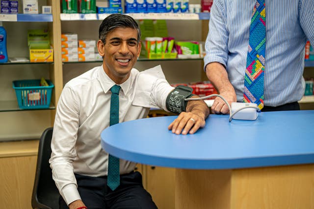 Prime Minister Rishi Sunak during a visit to a GP surgery and pharmacy in Weston, Southampton (Ben Birchall/PA)