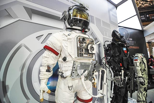 <p>Prop and costume items from <em>The Wandering Earth</em> are exhibited at the Hobby Expo China in Beijing on April 21, 2023</p>