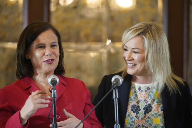 Sinn Fein Party leader Mary Lou McDonald and vice president Michelle O’Neill speak to the media at the Canal Court hotel in Newry, during the launch of the party’s local government elections manifesto. Picture date: Tuesday May 9, 2023.