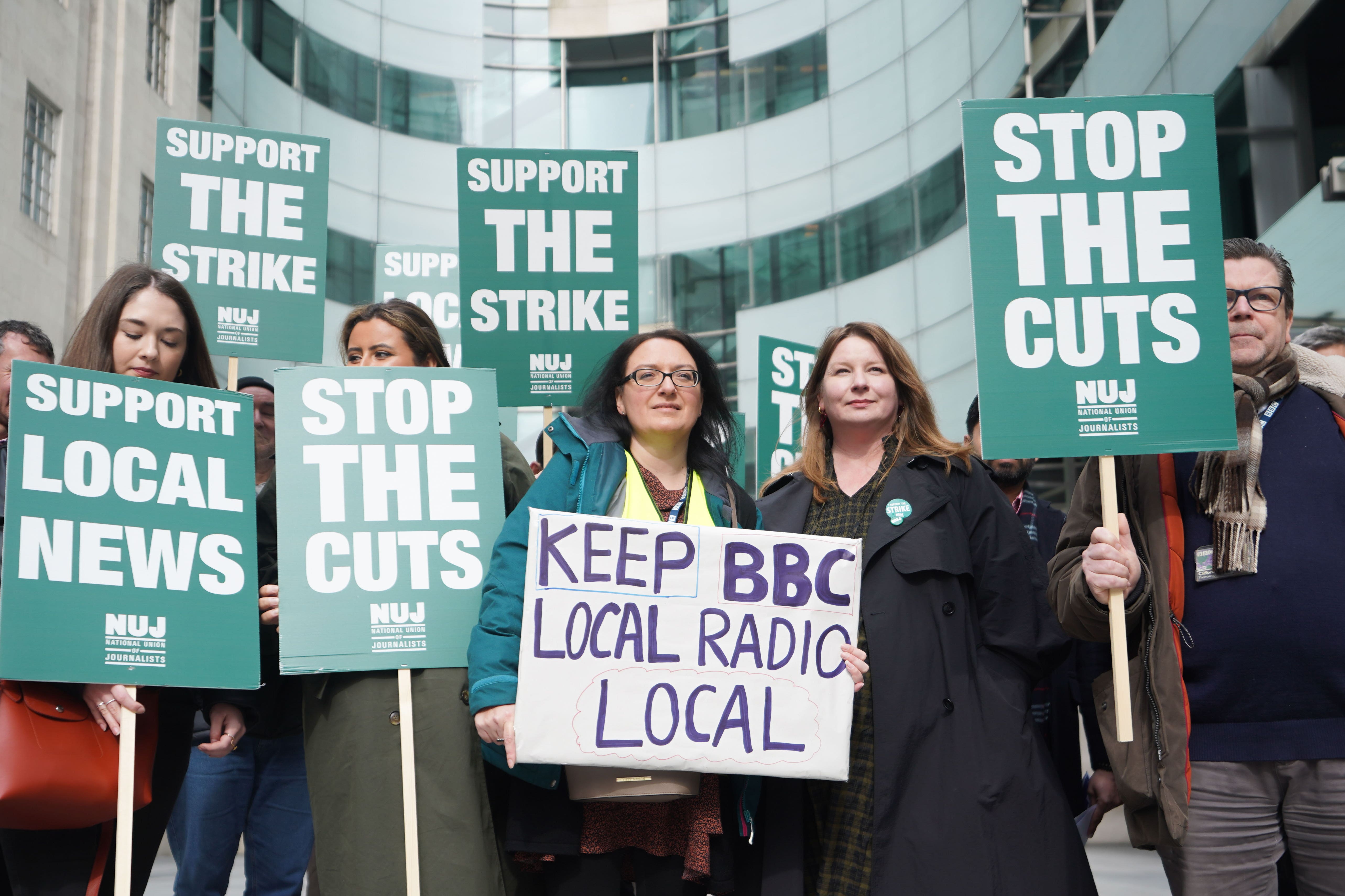 NUJ members at the BBC on the picket line at Broadcasting House in central London (PA)