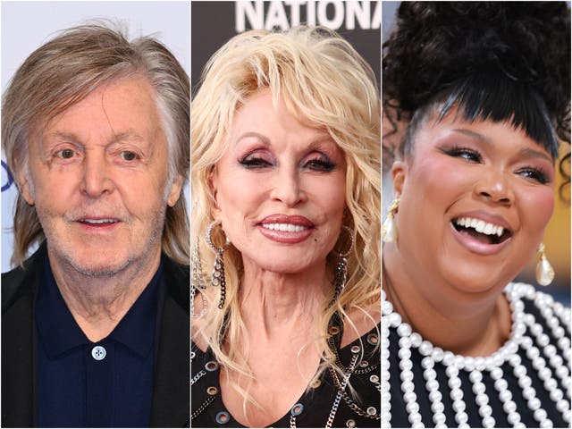 <p>(Left to right) Paul McCartney, Dolly Parton and Lizzo</p>