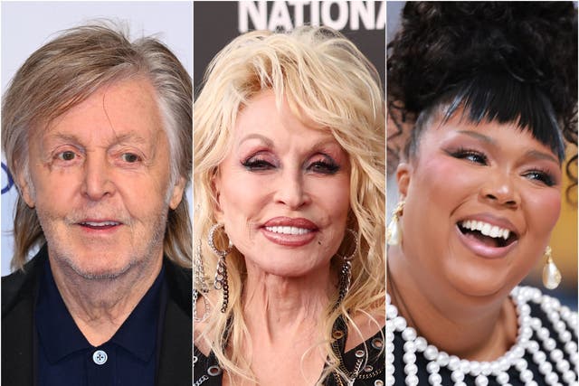 <p>(Left to right) Paul McCartney, Dolly Parton and Lizzo</p>