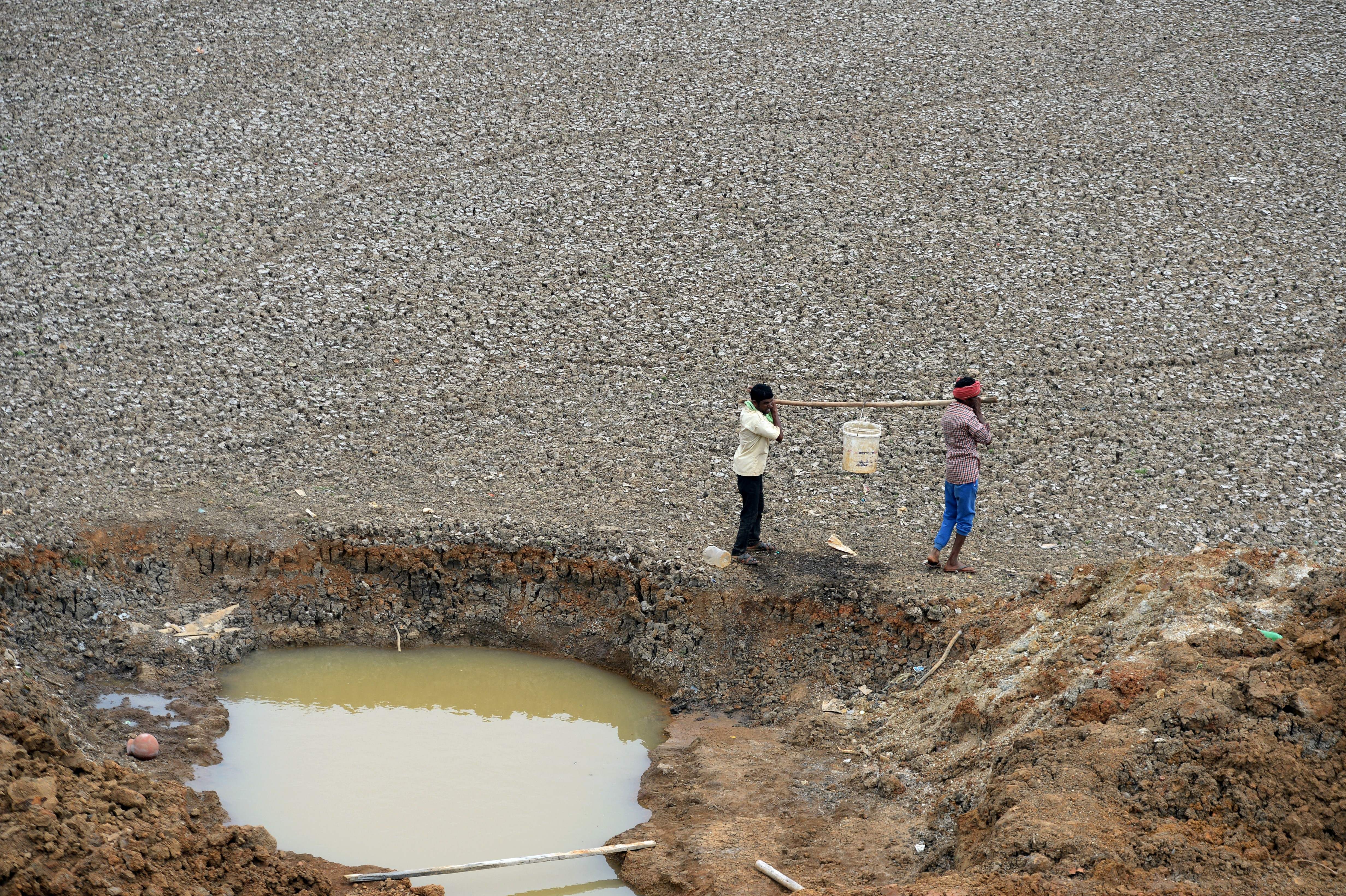 Indian workers carry the last bit of water from a small pond on the outskirts of Chennai during Tamil Nadu’s worst drought in 2019