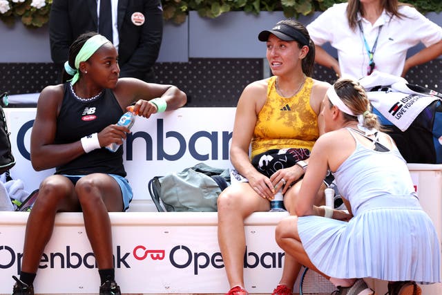 <p>The women’s doubles finalists, including Jessica Pegula (centre), were not allowed to make speeches in Madrid </p>
