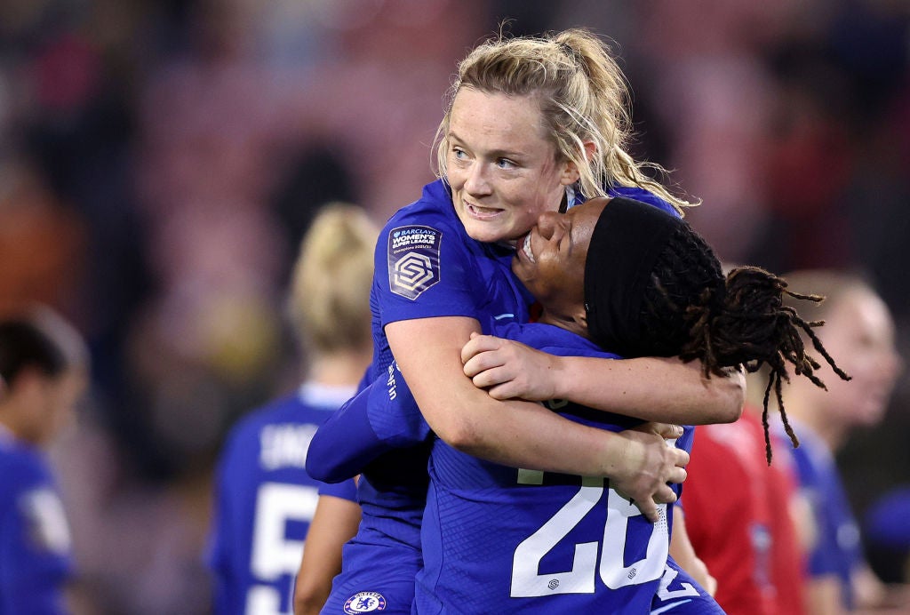 Erin Cuthbert celebrates with Kadeisha Buchanan after a victory over Manchester United earlier this season