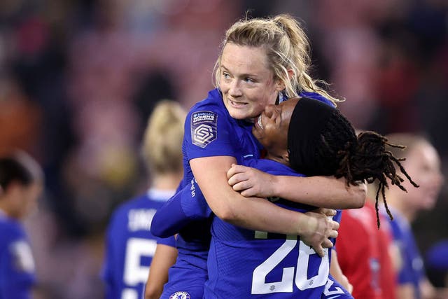 <p>Erin Cuthbert celebrates with Kadeisha Buchanan after a victory over Manchester United earlier this season </p>