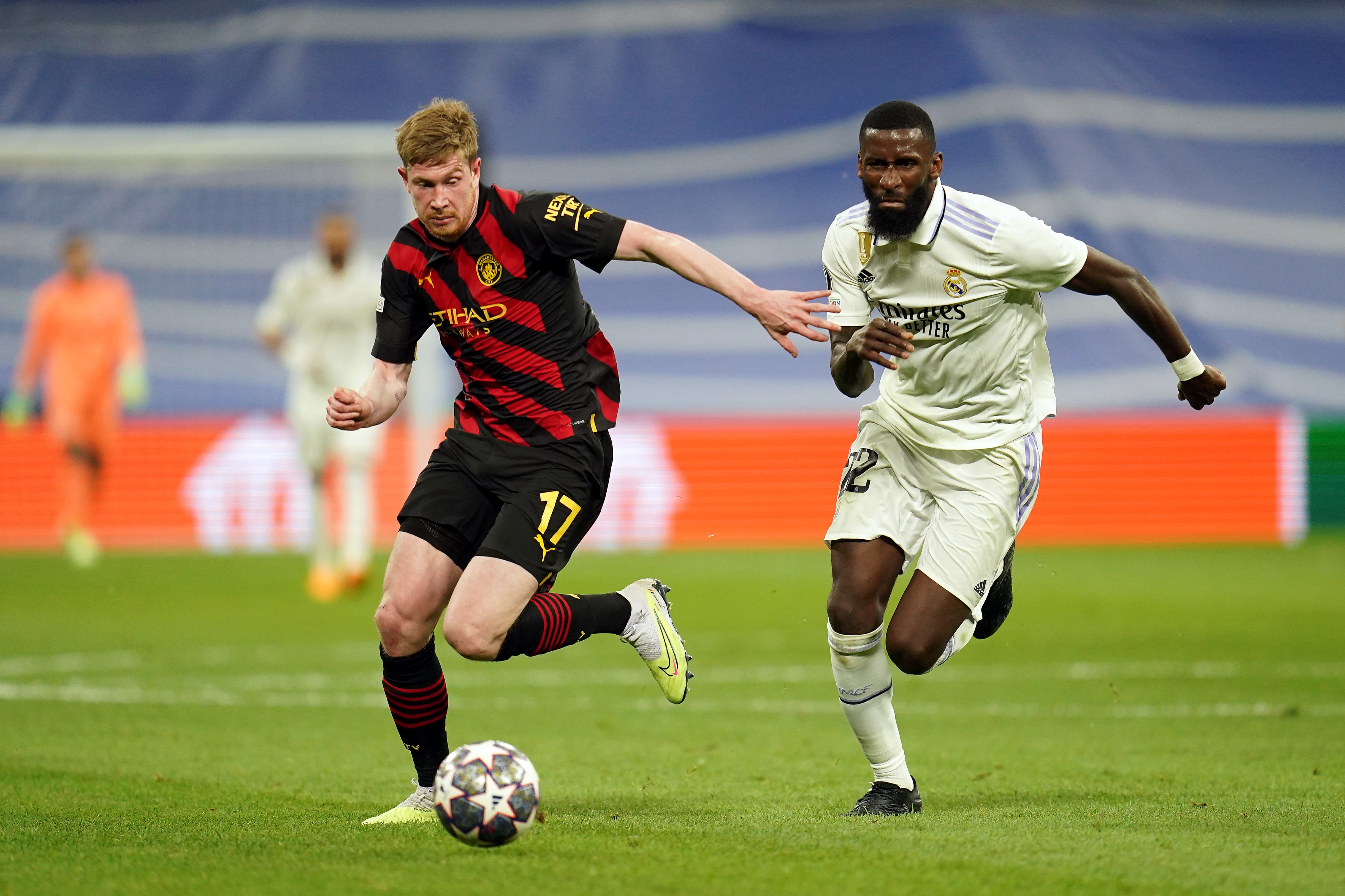  Kevin De Bruyne of Manchester City and Eduardo Camavinga of Real Madrid in action during the UEFA Champions League quarterfinal second leg match between Real Madrid and Manchester City at the Santiago Bernabeu in Madrid, Spain.